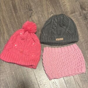 Calvin Klein Gray Knit Hat and Pink Pom-Pom Hat Set